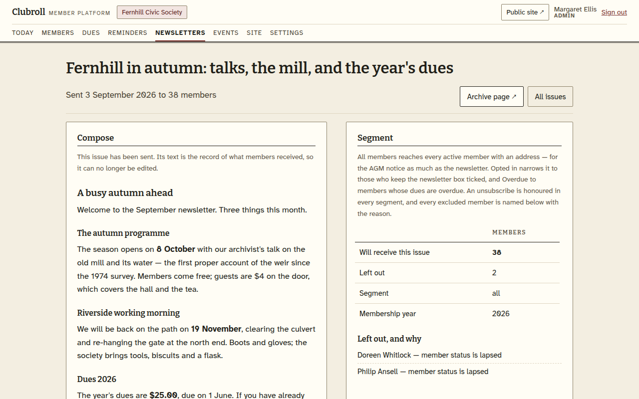 The composer: the issue, the segment it reaches, and the send log underneath, which lists every recipient and every member left out with the reason.