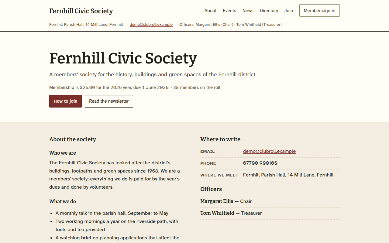 The association's own page: the next event, the joining line, and where to write.